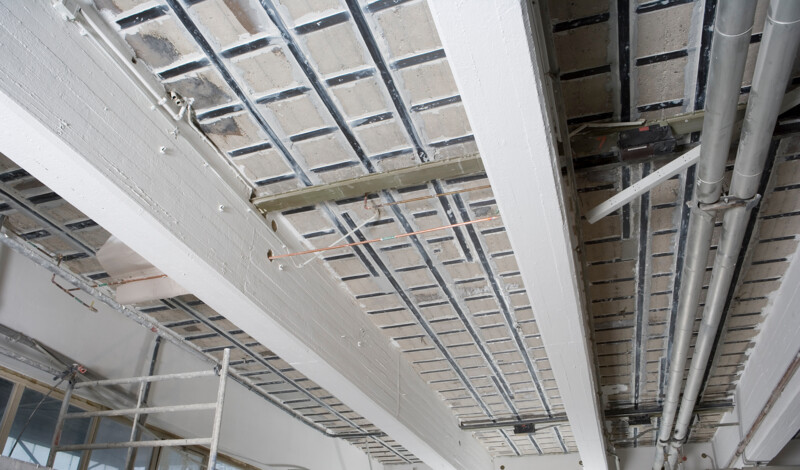 The view before ceiling reinforcement with CFRP lamellas glued to the surface
