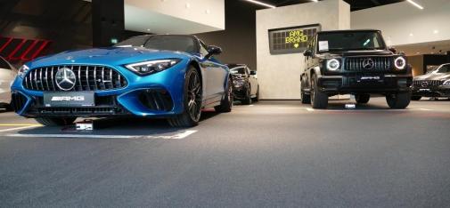 The showroom of the Mercedes-Benz AMG Performance Centre in Essen is designed to set every car lover's heart racing. 