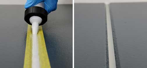 Left: The elastic and solvent-free MS polymer sealant Mycoflex 488 MS in application. Right: View of a floor joint processed with Mycoflex 488 MS.
