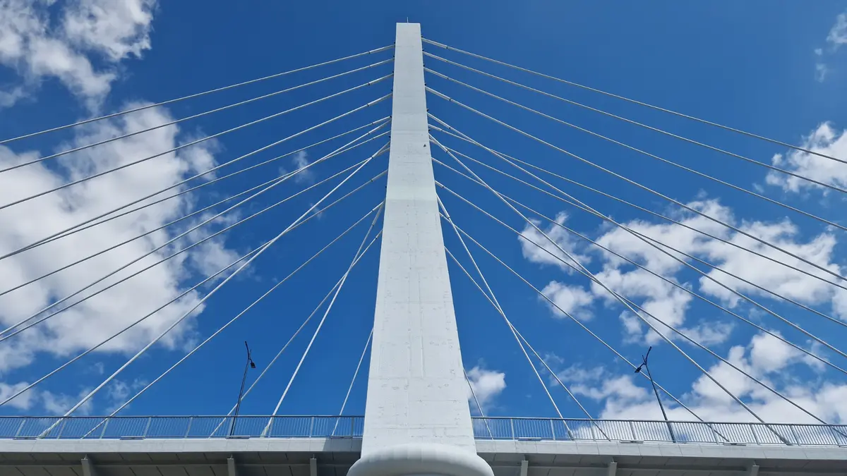 View of one of the two massive pylons and its elegantly tensioned stay cables