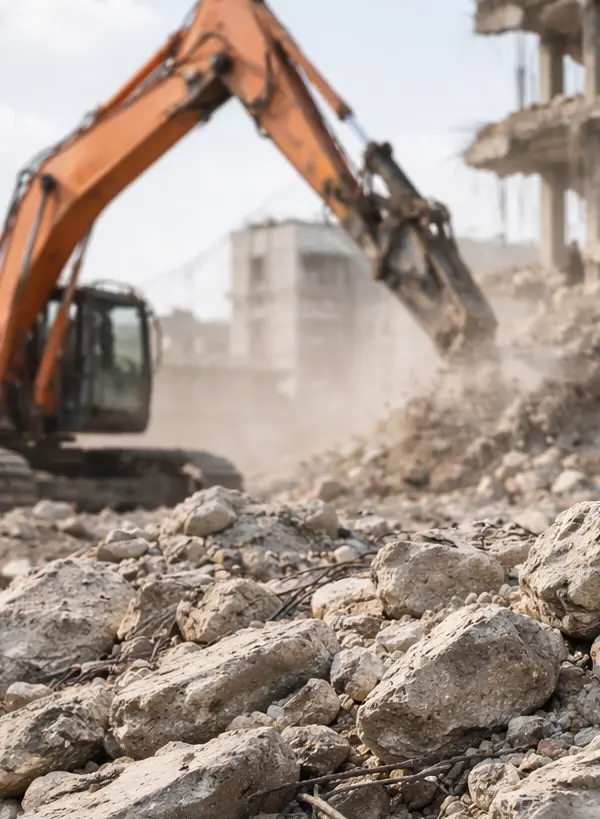 A photo of a building site showing recycled stone and an excavator during demolition work.