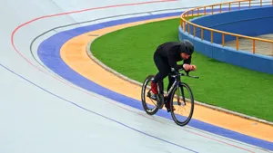 First test run on the newly renovated cycling track of the Manuel Gallardo Velodrome in Chile. 