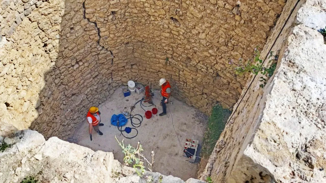 A deep view from the fortress down to the base of the tower’s foundation    
