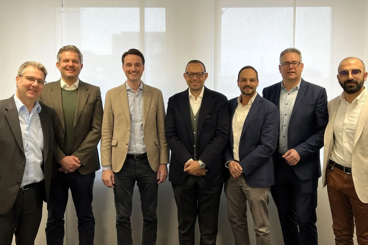 Group photo after the signing in Bottrop in February 2025 (from left to right): Dr Ekkehard zur Mühlen (Managing Director of the MC-Group), Johannes Linder (Managing Director of MC-Ireland), Nicolaus M. Müller (Managing Director of the MC-Group), Abdel Rahman Shorosh, Ali Shorosh (both shareholders of SwissChem), Jens Morgenstern (M&A Project Manager at MC) and Yassine Ben Ayada (Regional Director Africa at MC). 