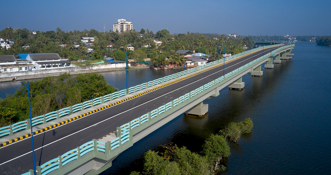 View of the coated Asraman Bridge over Lake Ashtamudi