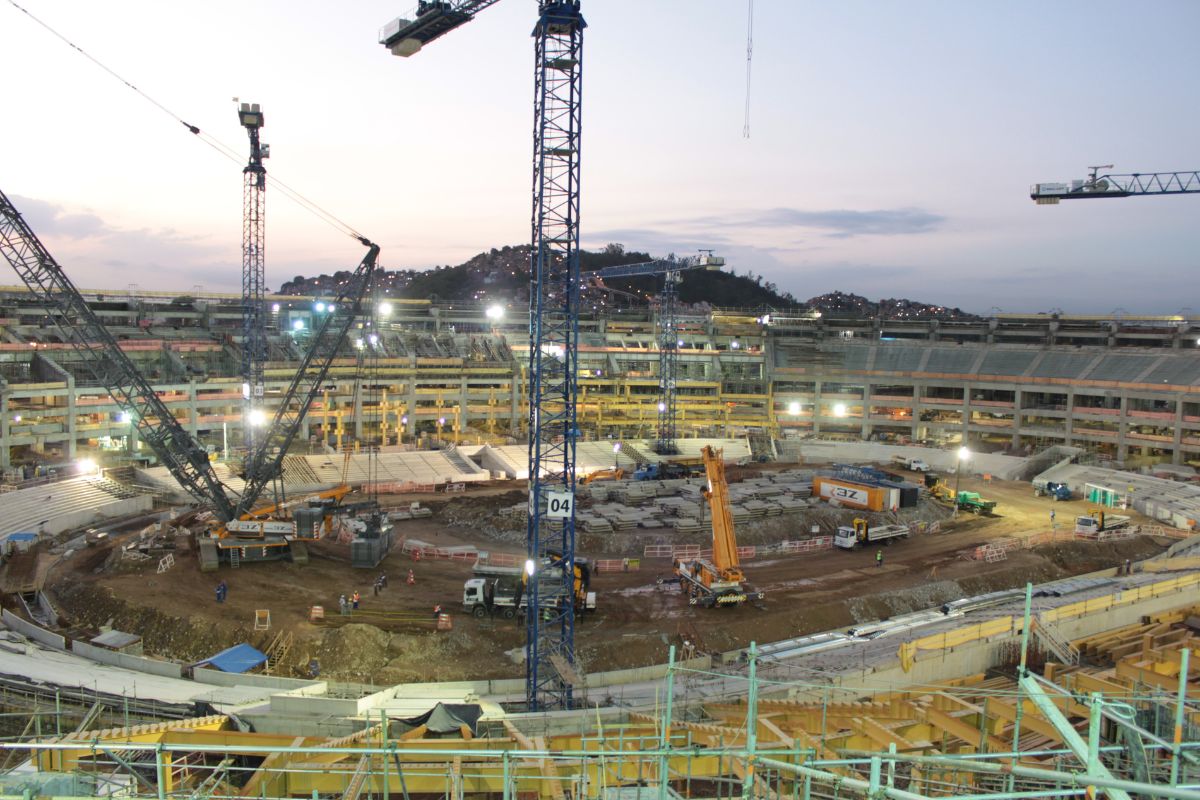 View of the legendary Maracanã football stadium during its renovation in Rio.