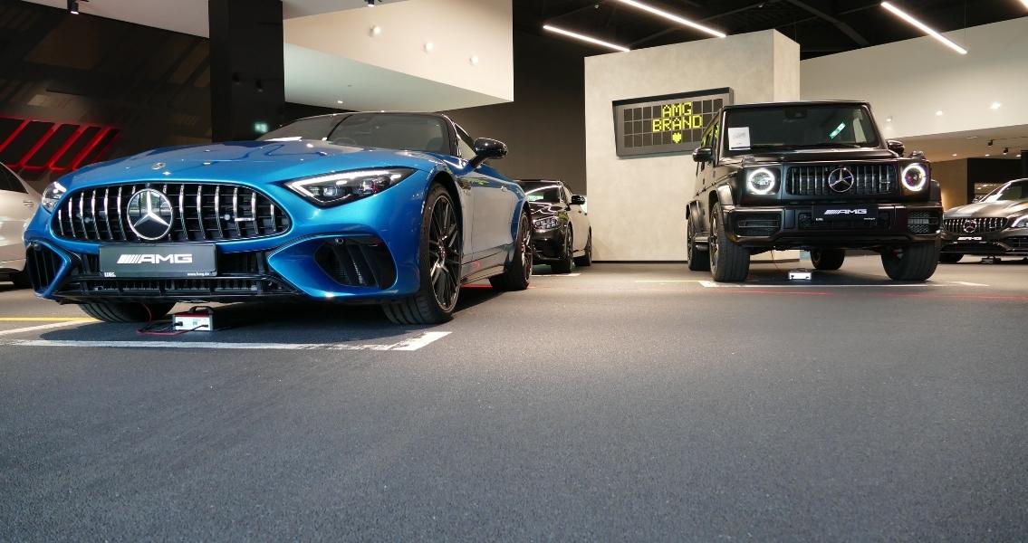 The showroom of the Mercedes-Benz AMG Performance Centre in Essen is designed to set every car lover's heart racing.