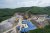 View of the large construction site with mobile concrete mixing plant.